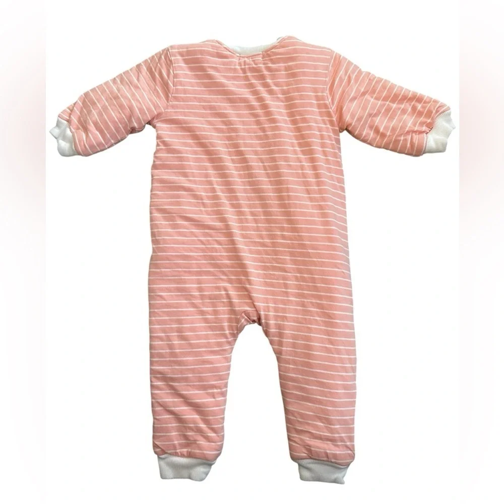 Little Green & Co Coral White Stripe Sleep Suit 2.0 Tog Quilted 2-way Zip 6-12